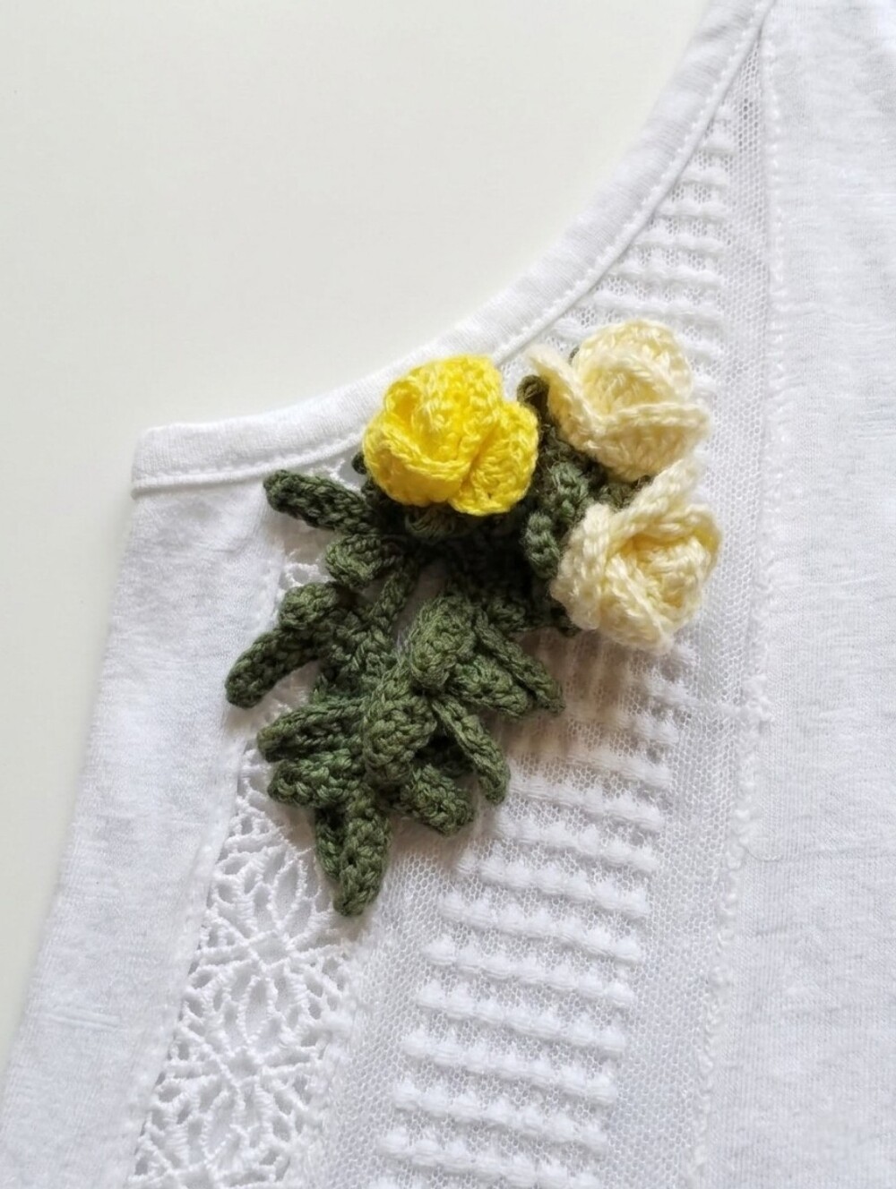 Rose Corsage Brooch Handmade Magnetic Lapel Pin Yellow Cottage Floral Crochet